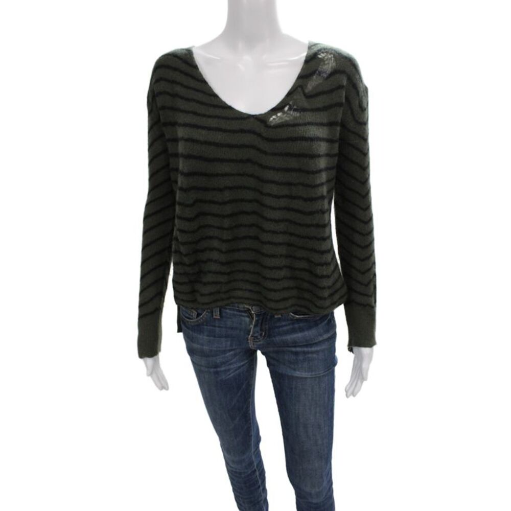 R+A Women Cashmere Pullover V-Neck Striped Long Sleeve Green Grunge Size S